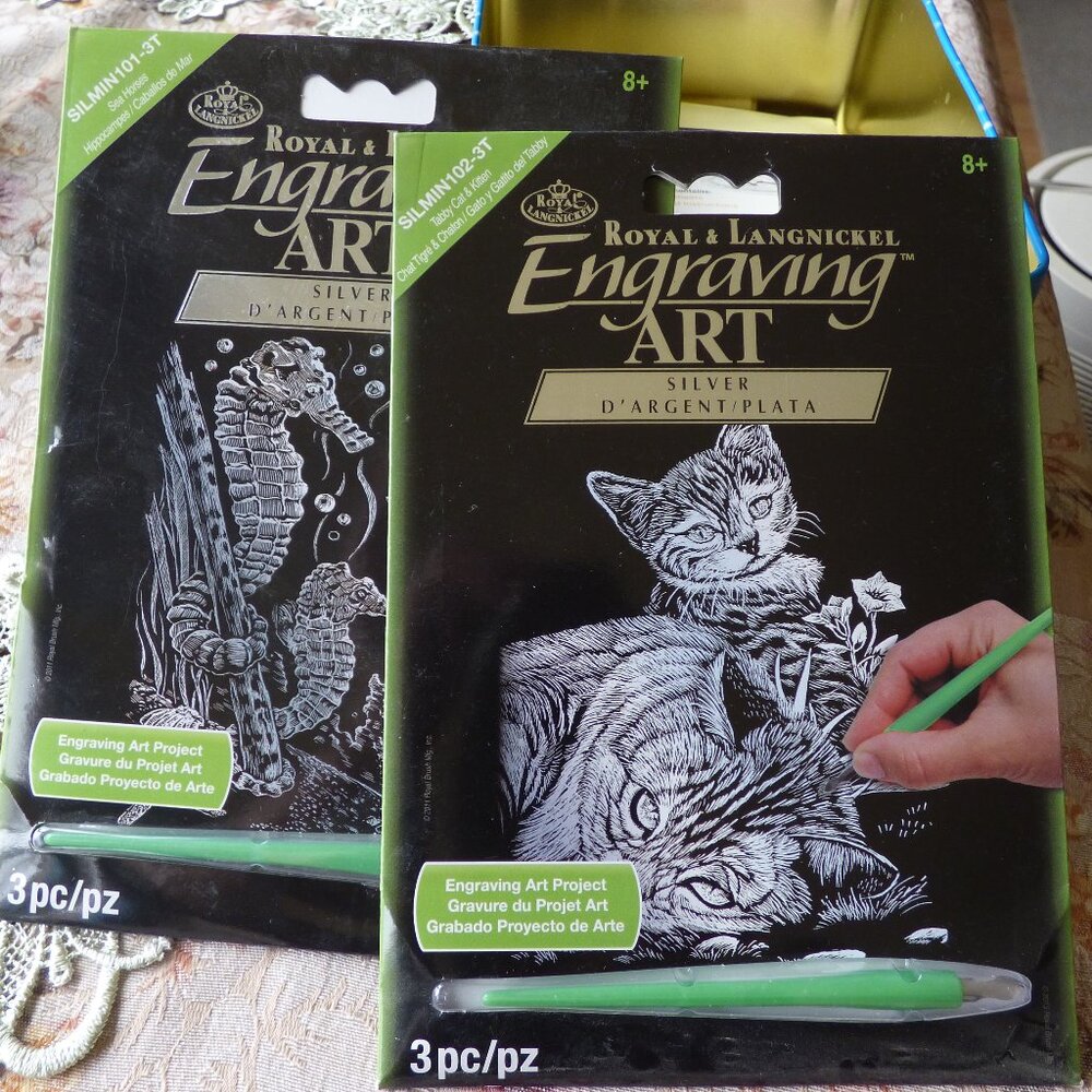 ROYAL & LANGNICKEL ENGRAVING ART SILVER D'ARGENT / PLATA CATS & SEAHORSE 3PC EA